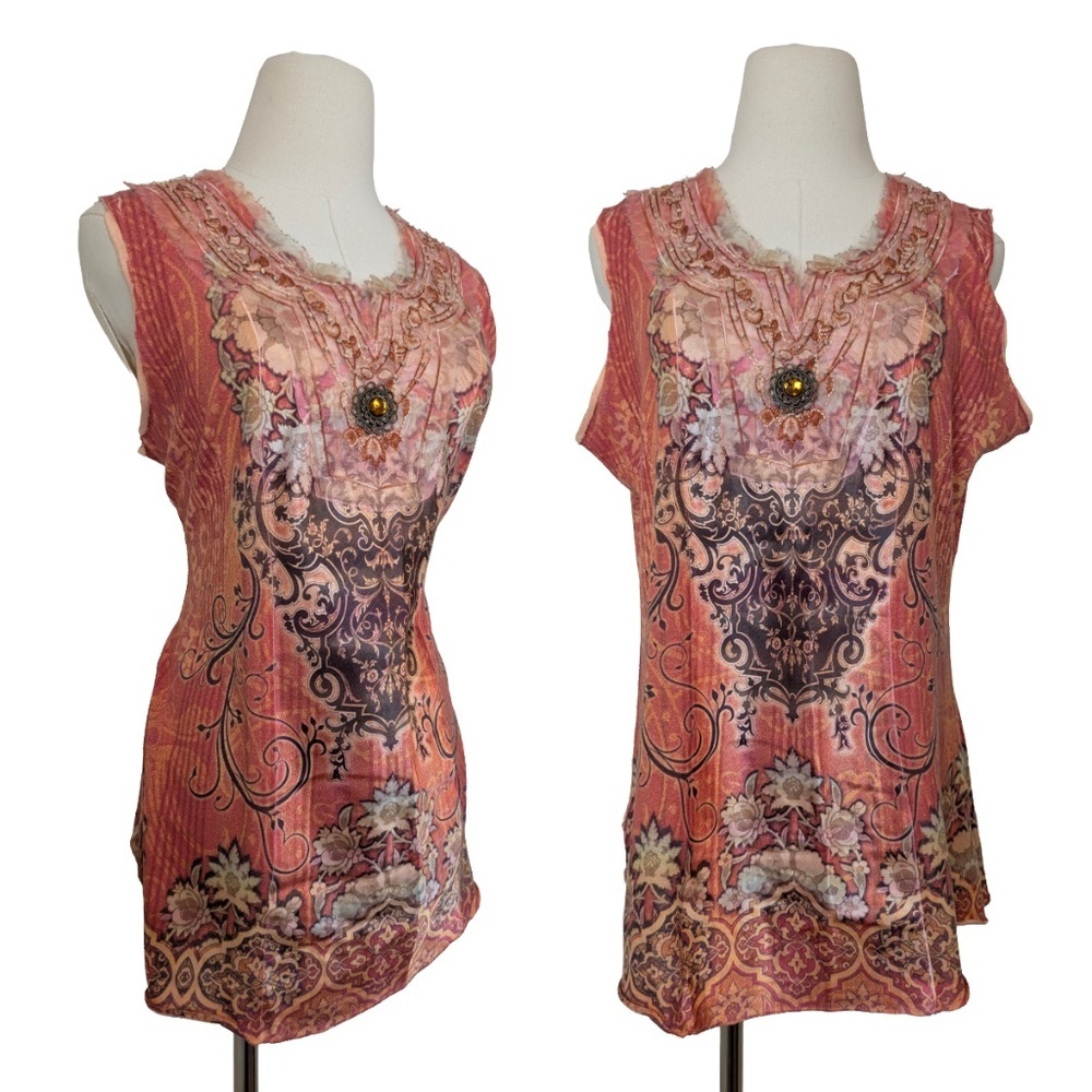 B.L.E.U. Beaded Embellished Tank Top Size Large Coral Western